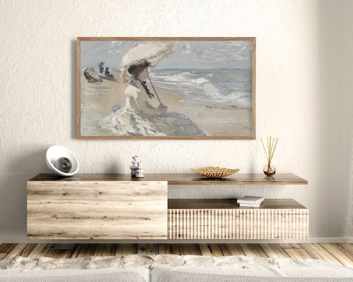 Woman With White Parasol On Beach Impressionist Seaside Scene Poster - Image 3