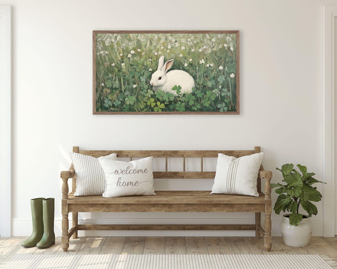 White Bunny Rabbit In Green Clover Field Vintage Spring Poster - Image 3