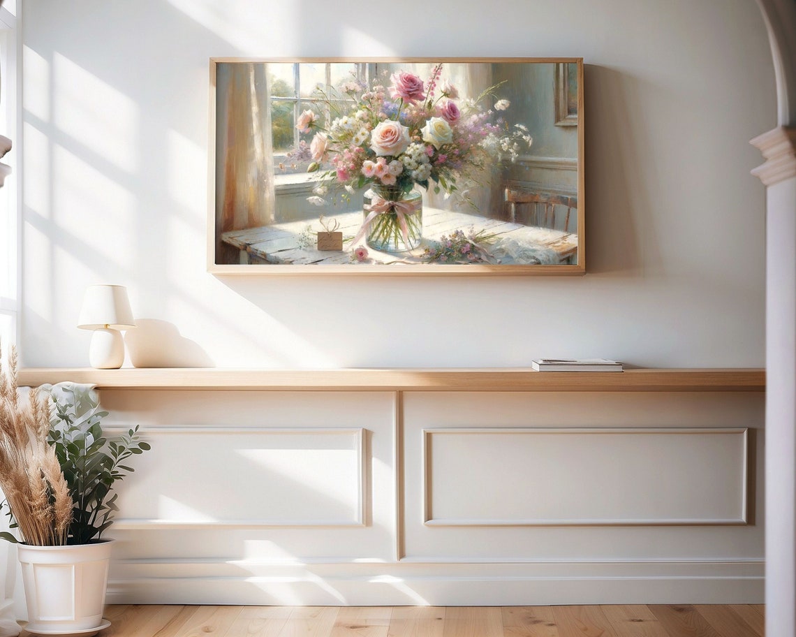 Soft Pink Roses Bouquet In Glass Vase Sunlit Window Still Life Poster - Image 3