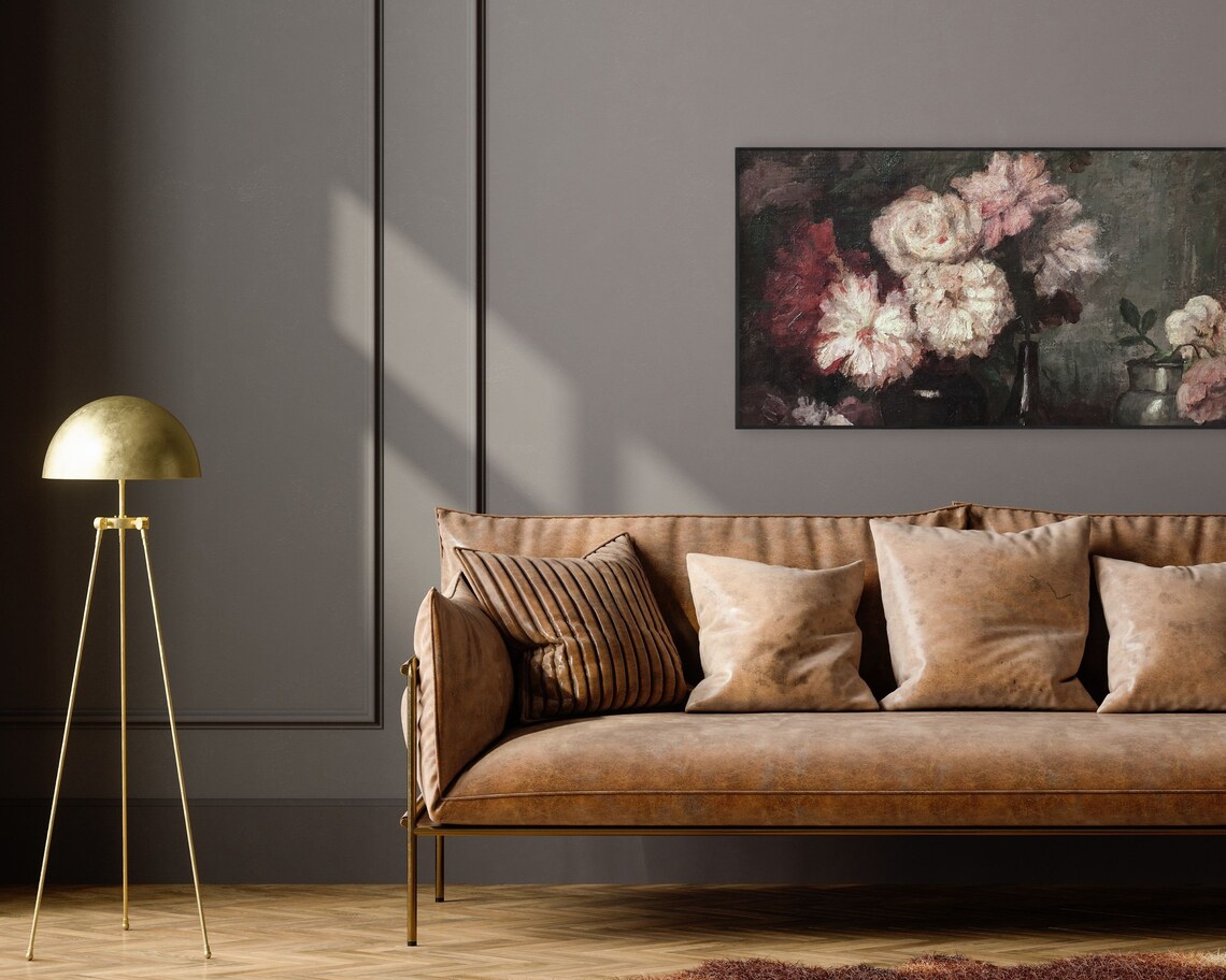 Pink and White Peonies Dark Vintage Oil Painting Floral Art Poster - Image 2