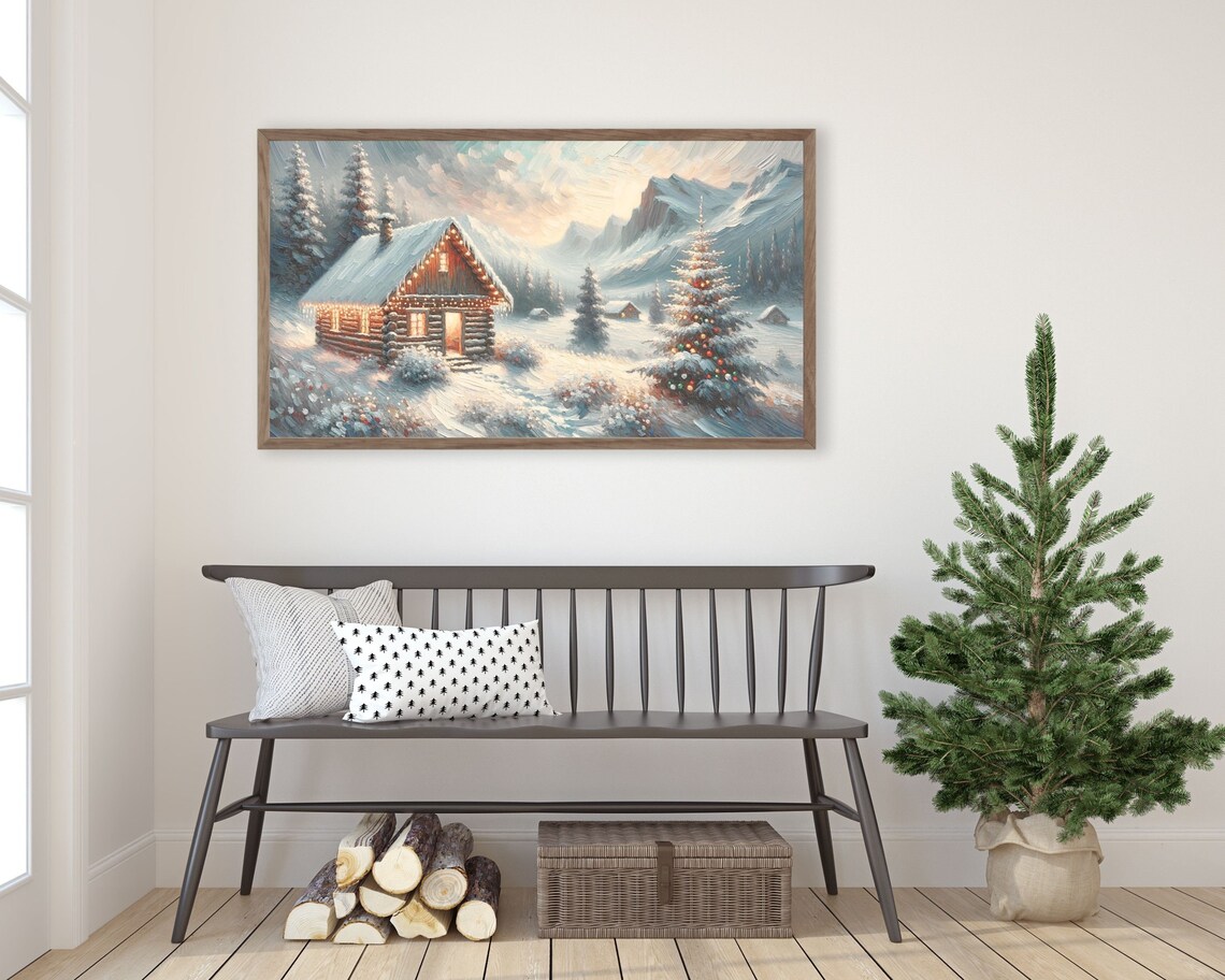 Christmas Cabin Snowy Mountains Lights Festive Winter Painting Poster - Image 3