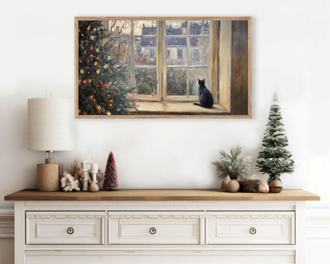 Christmas Cat Looking Out Window, Vintage Style Art Print - Image 3