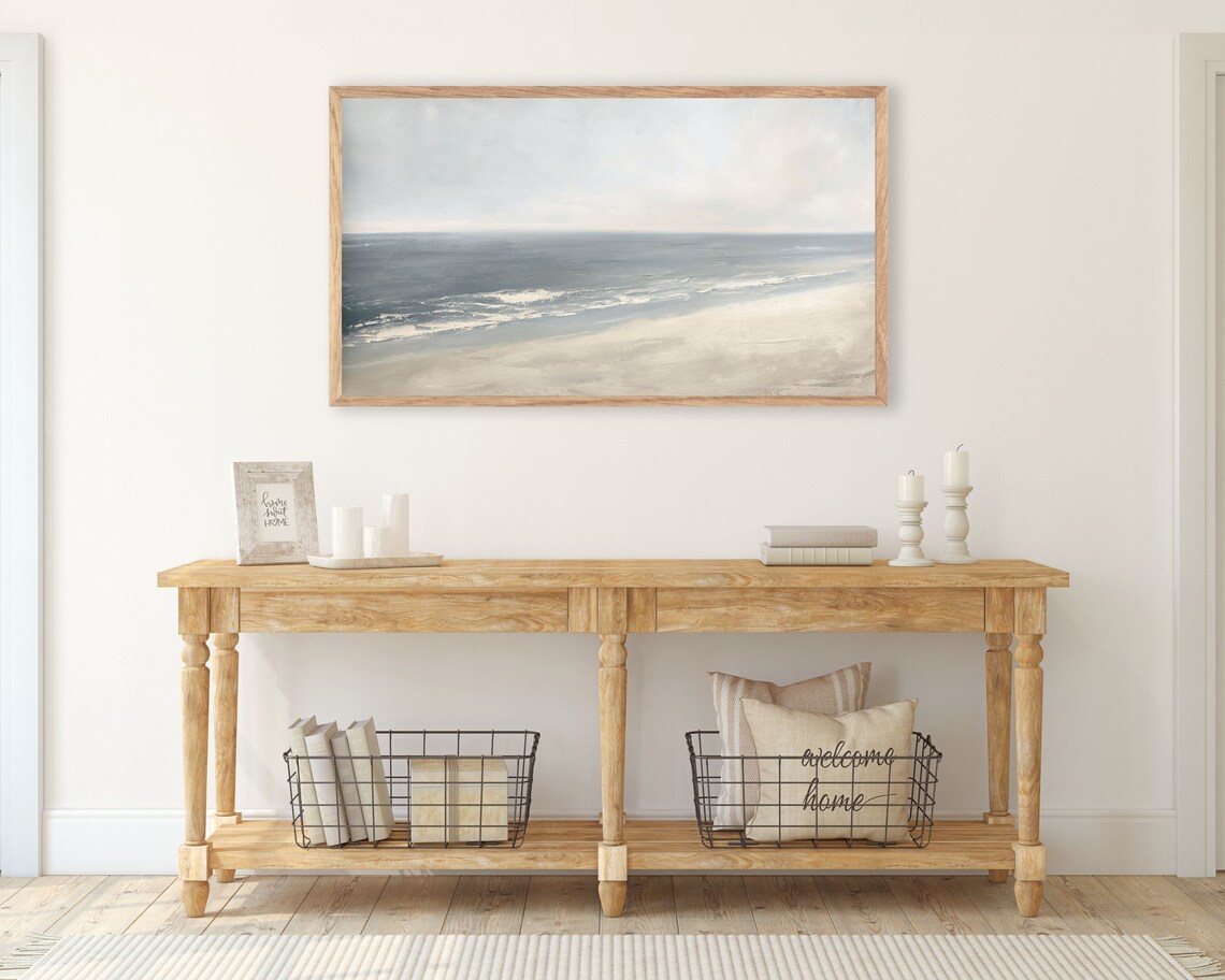 Minimalist Neutral Beach Gray Blue Ocean Calm Coastal Landscape Poster - Image 2