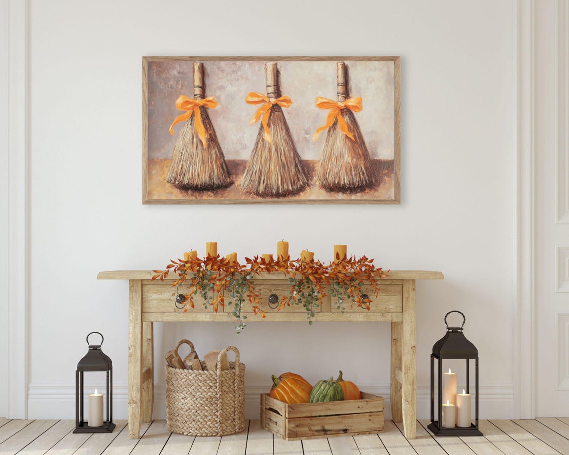 Witch Brooms Orange Bows Rustic Fall Halloween Painting Poster - Image 3