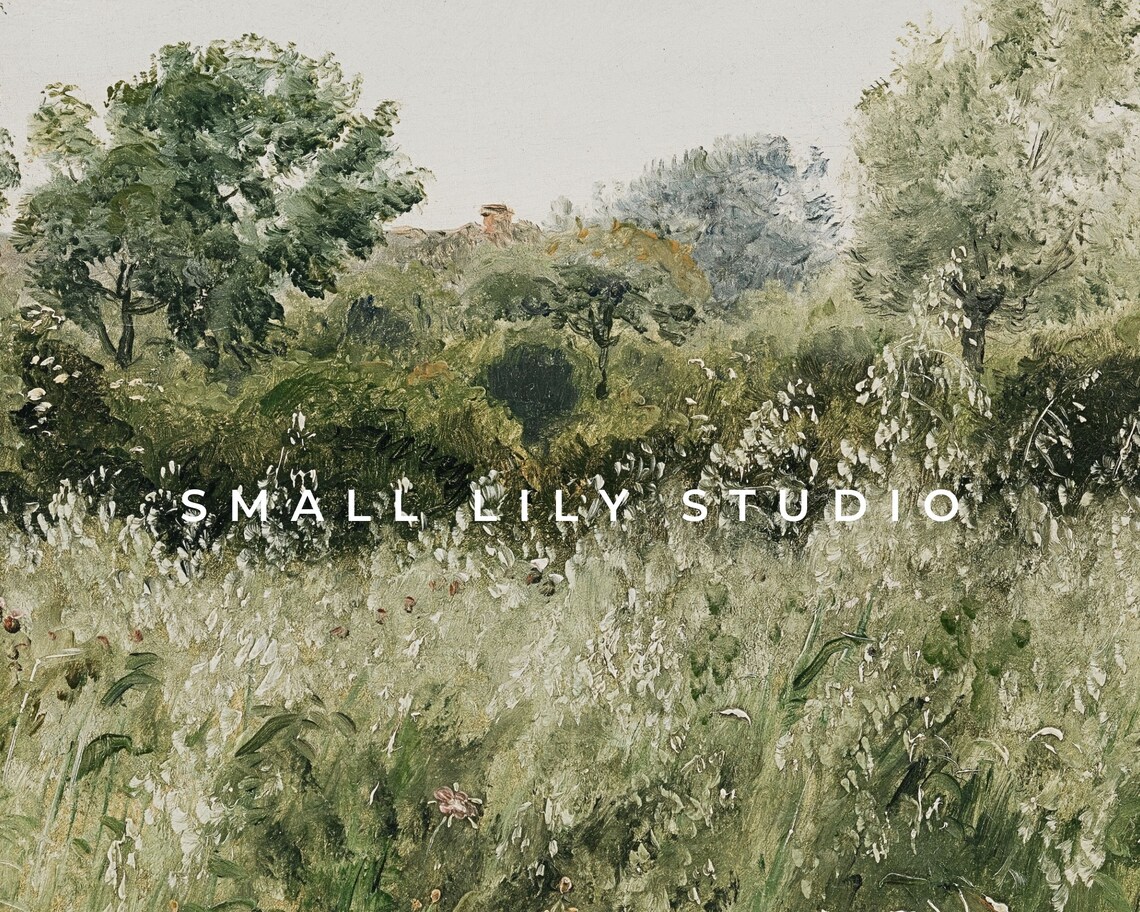 Muted Sage Green Meadow Grasses Trees Vintage Style Landscape Painting Poster - Image 4
