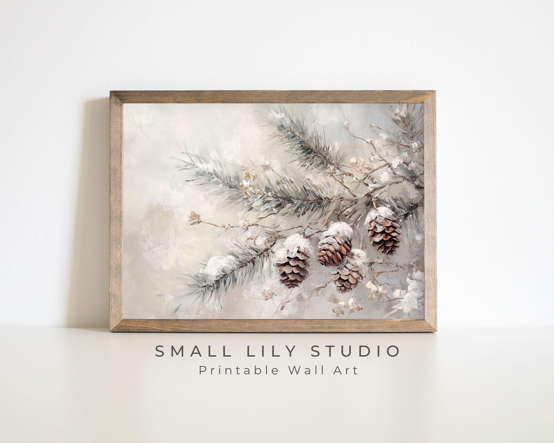 Snowy Pine Branch With Pinecones Soft White Neutral Winter Forest Print - Image 3
