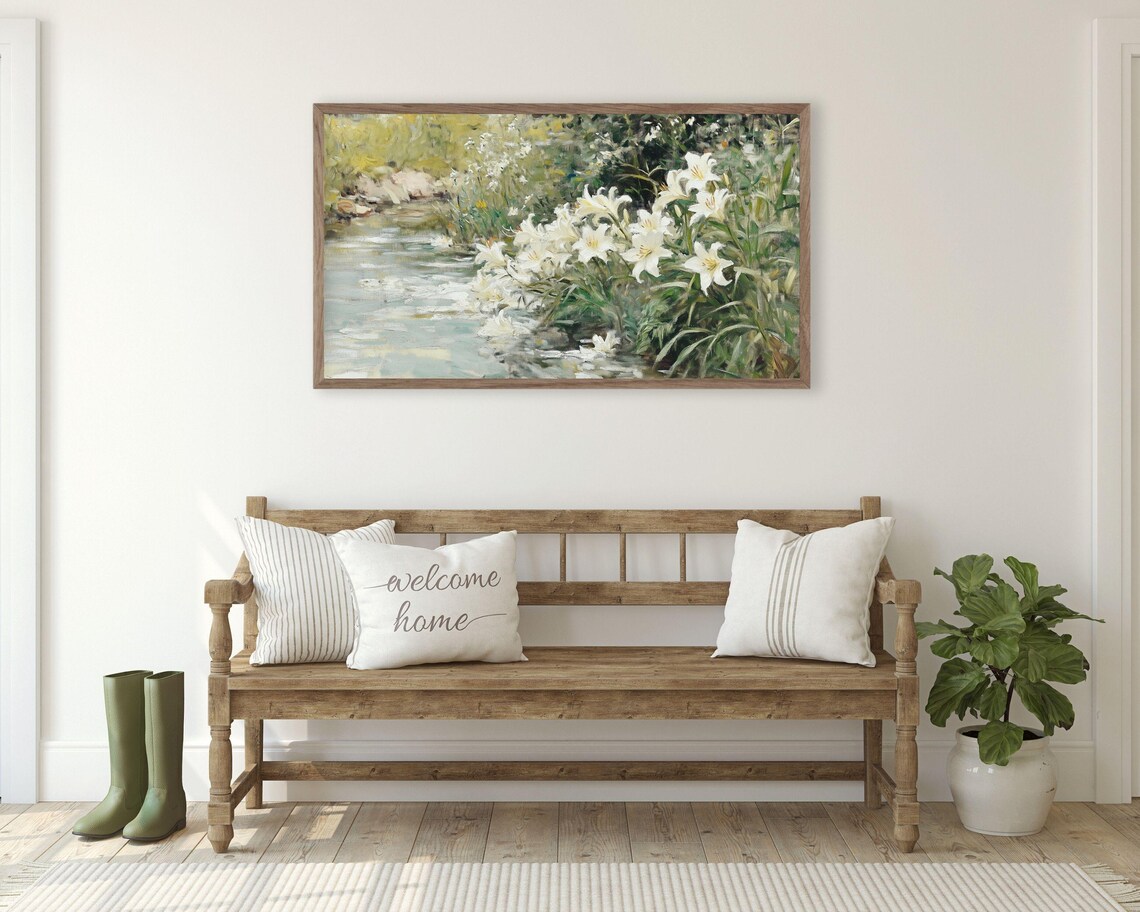 White Lilies Growing by a Tranquil Pond Vintage Garden Landscape Poster - Image 3