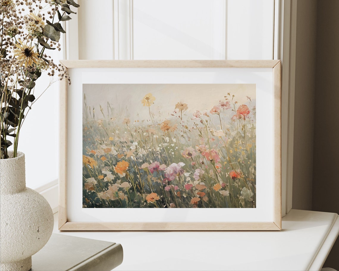 Wildflowers Wall Art Soft Vintage Style Painting Floral Landscape Print Pretty Pink Nursery Kids Room Girl Print Flowers P084 - Image 2