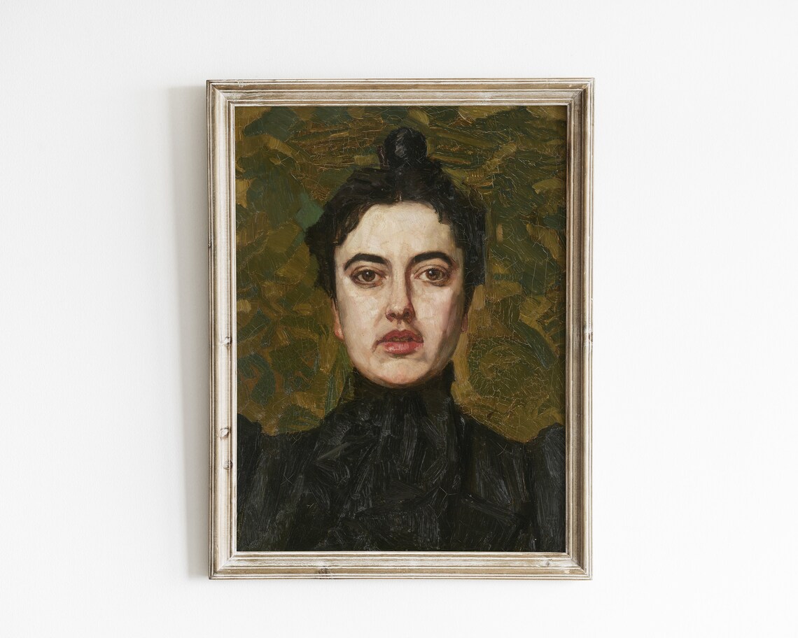 Antique Oil Portrait of Dark Haired Woman in Black Dress Moody Wall Art