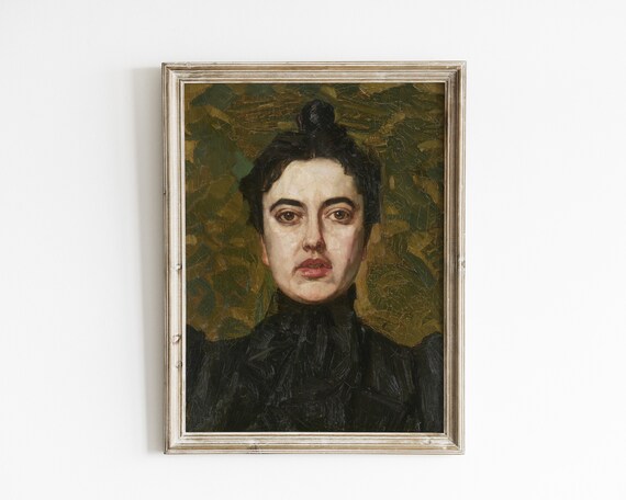 Antique Oil Portrait of Dark Haired Woman in Black Dress Moody Wall Art