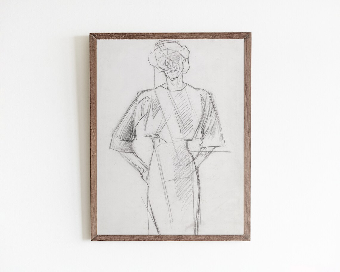 Standing Woman Draped Gown Modernist Vintage Figure Sketch Drawing Poster