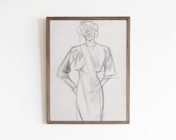 Standing Woman Draped Gown Modernist Vintage Figure Sketch Drawing Poster