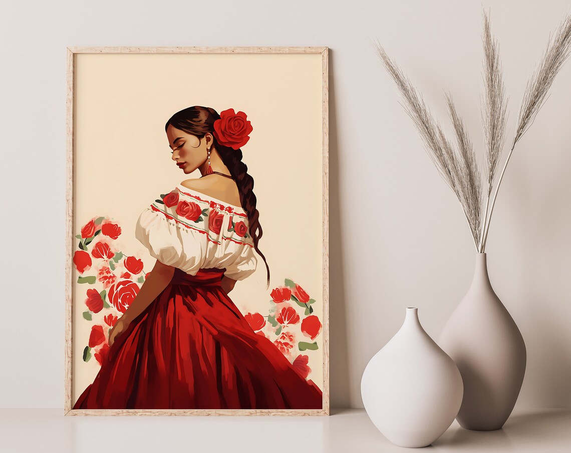 Beautiful Mexican Folk Art Woman Red Embroidered Floral Dress Poster