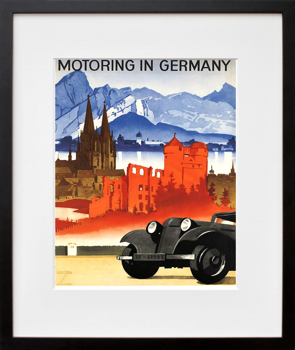 Motoring In Germany Vintage Poster Classic Car Cathedral Alps Art