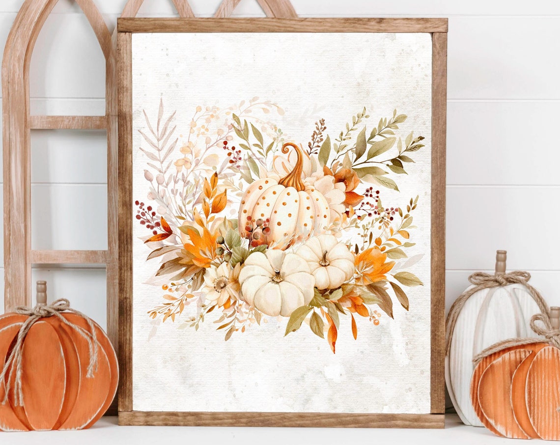Watercolor Pumpkin Bouquet Fall Floral Harvest Scene Wall Poster