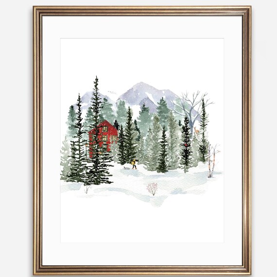 Snowy Red Cabin Watercolor Mountain Woodland Winter Landscape Poster