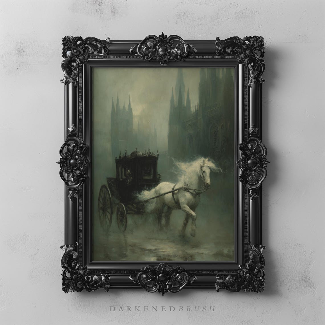 White Horse Pulling Victorian Carriage Foggy Gothic City Oil Poster