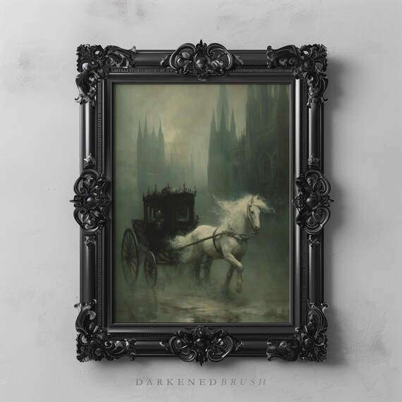 White Horse Pulling Victorian Carriage In Gothic City Fog Dark Romantic Wall Art Moody Academia Historical Halloween 240