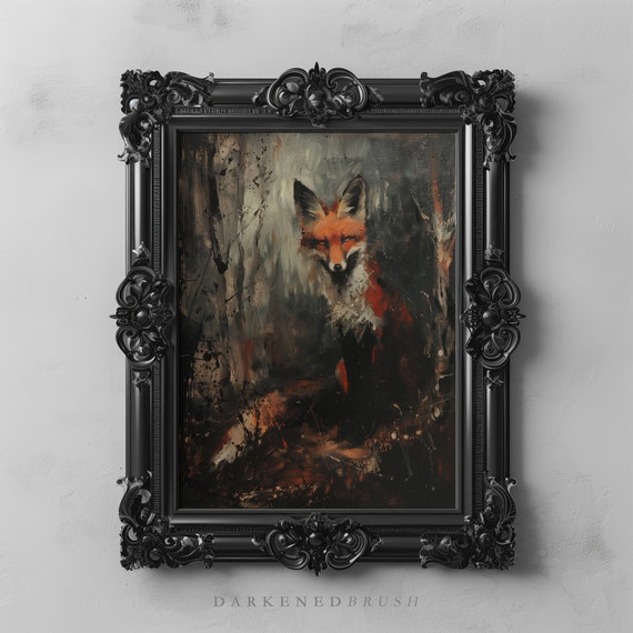 Red Fox Animal Wall Art Dark Oil Gothic Painting Academia Nature Instant Vintage Poster