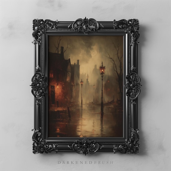Gothic Street With Lanterns Reflected On Wet Flooded Cobblestone Cityscape Dark Academia Wall Art Haunted Fall Decor 143
