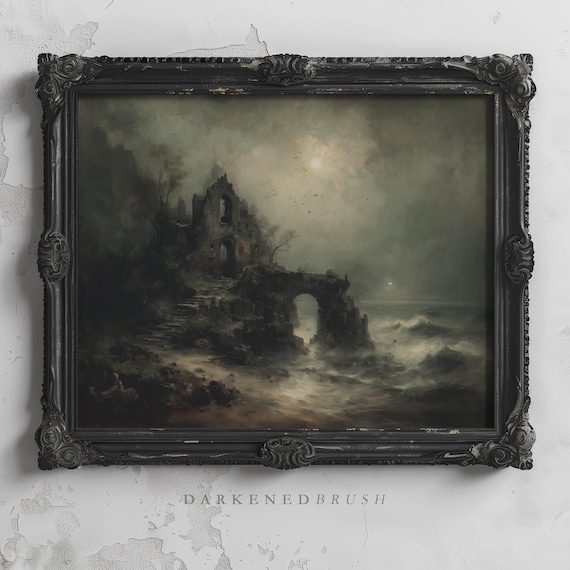Ruined Church On Rocky Shoreline Vintage Gothic Ocean Art Haunted Coastal Nautical Decor Dark Academia Sea 130