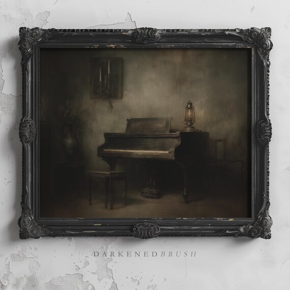 Dusty Piano In Lantern Lit Room Gothic Dark Academia Victorian Wall Art Haunted Music Vintage Oil Painting 279