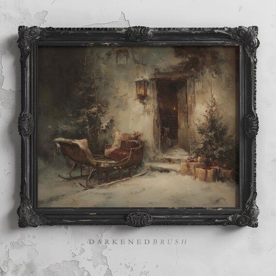 Victorian Sleigh Outside Snowy Cottage With Lantern And Gifts Poster