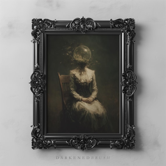 Victorian Woman Seated With Glass Orb Elegant Gothic Surreal Portrait Forestcore Dark Academia Vintage Botanical Wall Art 214