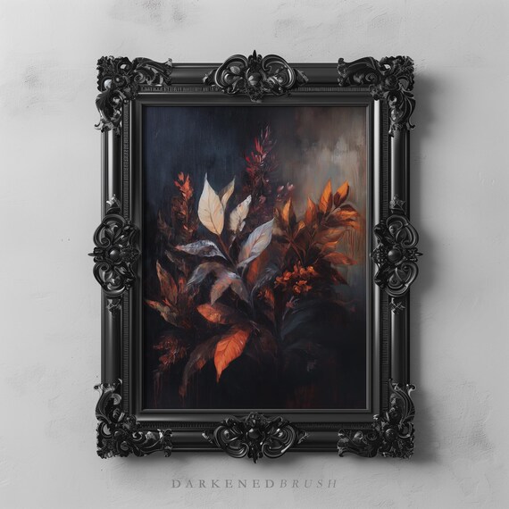 Moody Gothic Botanical Art Dark Academia Dramatic Flowers Painting Mysterious Floral Fantasy Victorian Shadow Garden Autumn Decor
