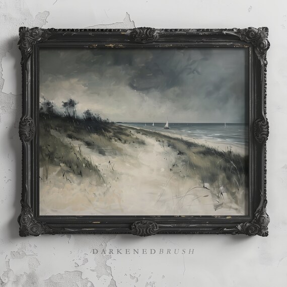 Dark Clouds Beach Landscape Moody Seascape Painting Vintage Coastal Wall Art Ocean Nautical Decor