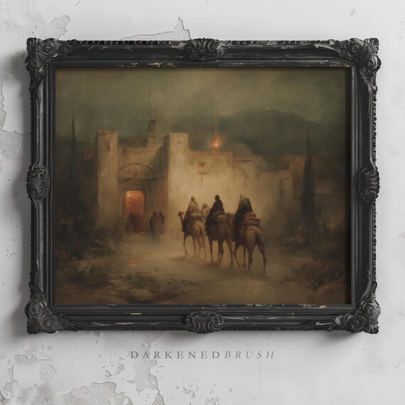 Three Wise Men Arriving at Bethlehem Gate Nativity Scene Print