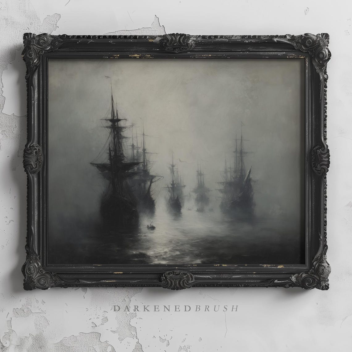 Pirate Ships Emerging From Fog Gothic Maritime Oil Painting Print