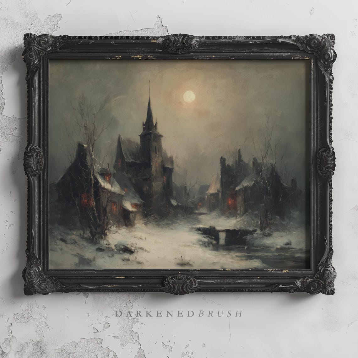 Snowy Village Church Full Moon Winter Night Gothic Painting Poster