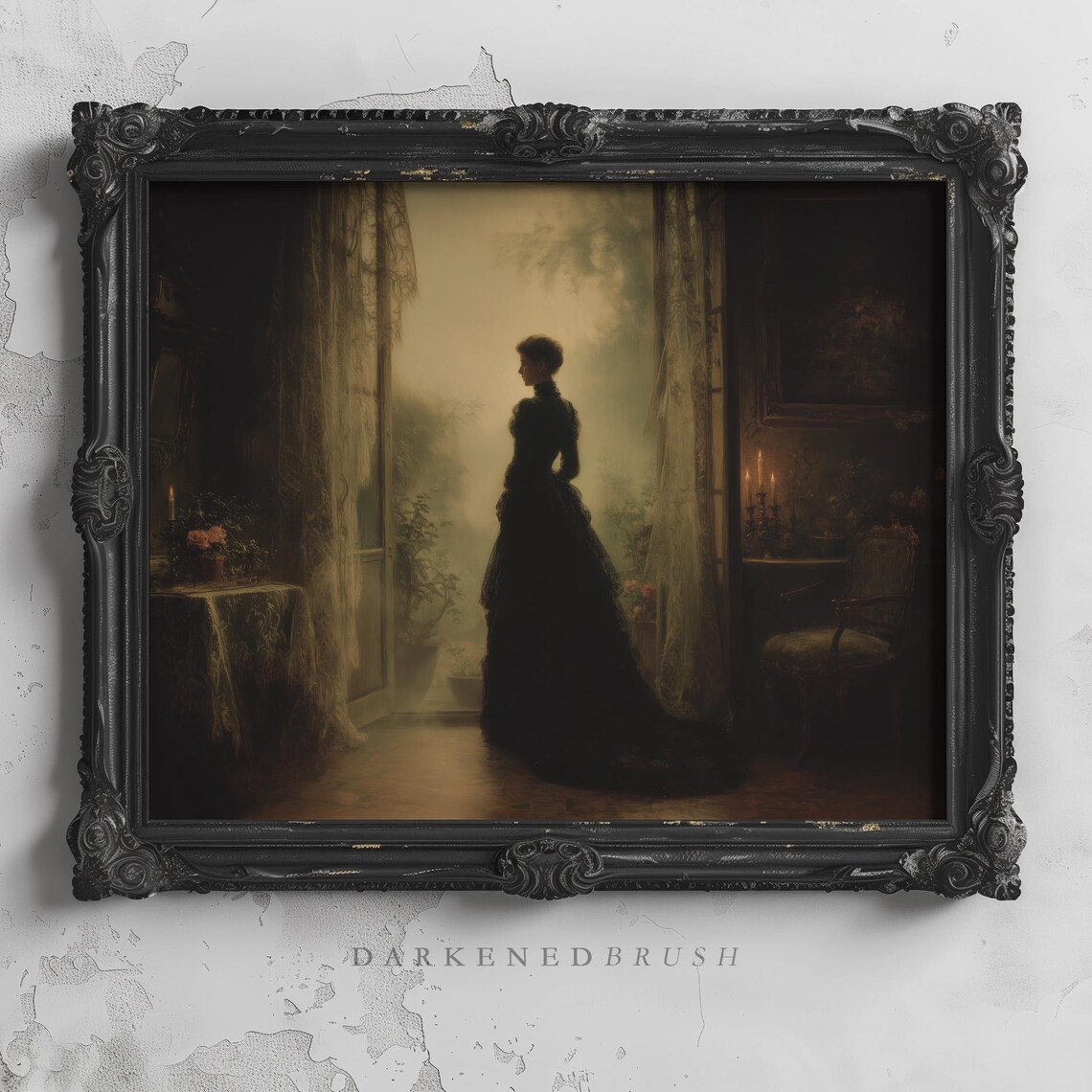 Gothic Woman Wall Art Dark Academia Shadow Figure Candlelit Hallway Victorian Mystery Decor Haunted Spooky Witchy