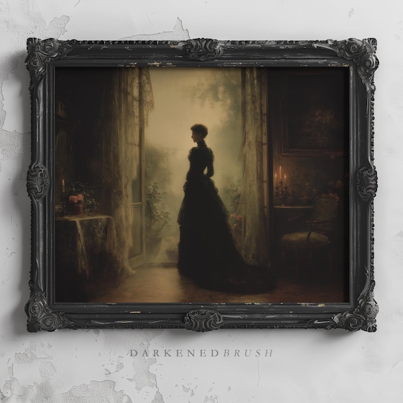 Gothic Woman Wall Art Dark Academia Shadow Figure Candlelit Hallway Victorian Mystery Decor Haunted Spooky Witchy
