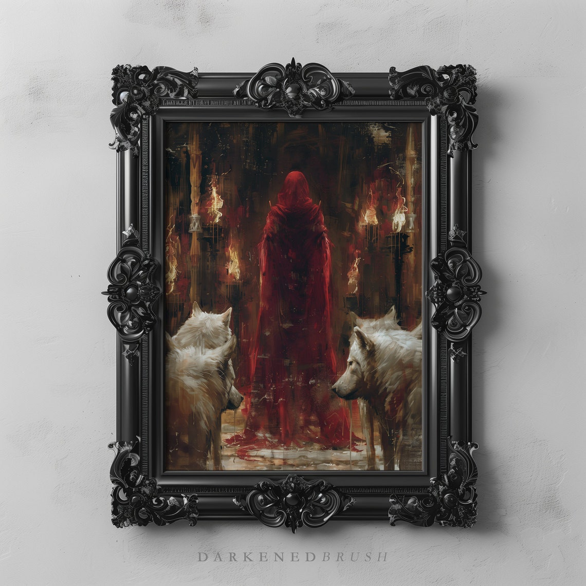 Red Hooded Witch with White Wolves Torchlit Dark Fantasy Art Poster