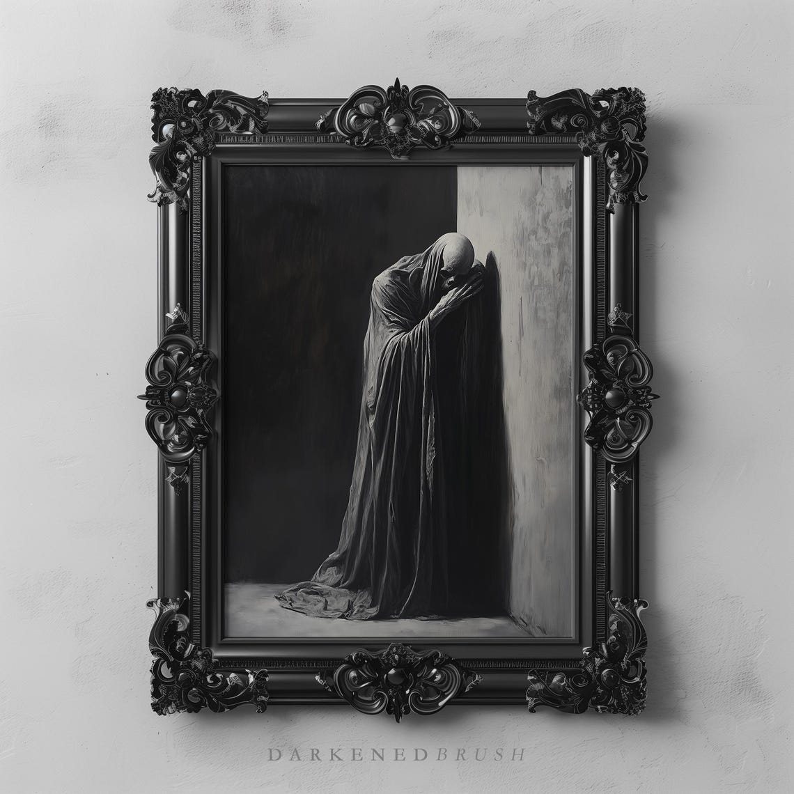 Shrouded Grieving Figure Dark Monochrome Gothic Oil Painting Wall Art