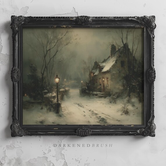 Rustic Cozy Cottage Lit By Streetlamp In Snowy Woods Moody Antique Gothic Holiday Wall Art Vintage Christmas Eve Decor 350