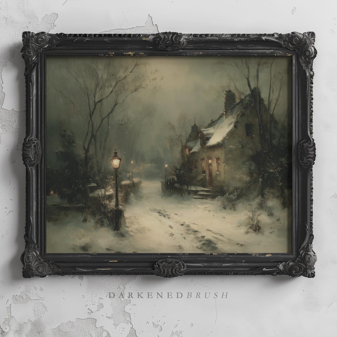 Rustic Cottage Lit By Streetlamp In Snowy Woods Moody Winter Poster
