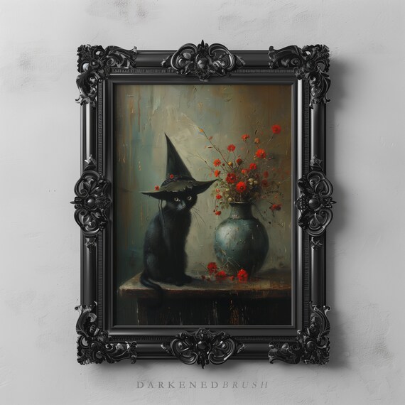 Cute Black Cat Witch With Dark Botanicals Floral Art Red Flowers Oil Painting Wicca Witchy Wall Gothic Victorian Lover Gift