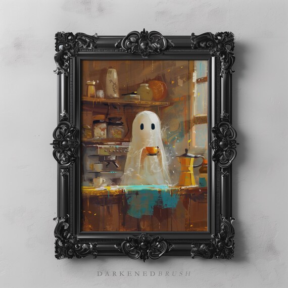 Vintage Barista Coffee Art Cute Halloween Kitchen Decor Painting Autumn Fall Wall Spooky Season