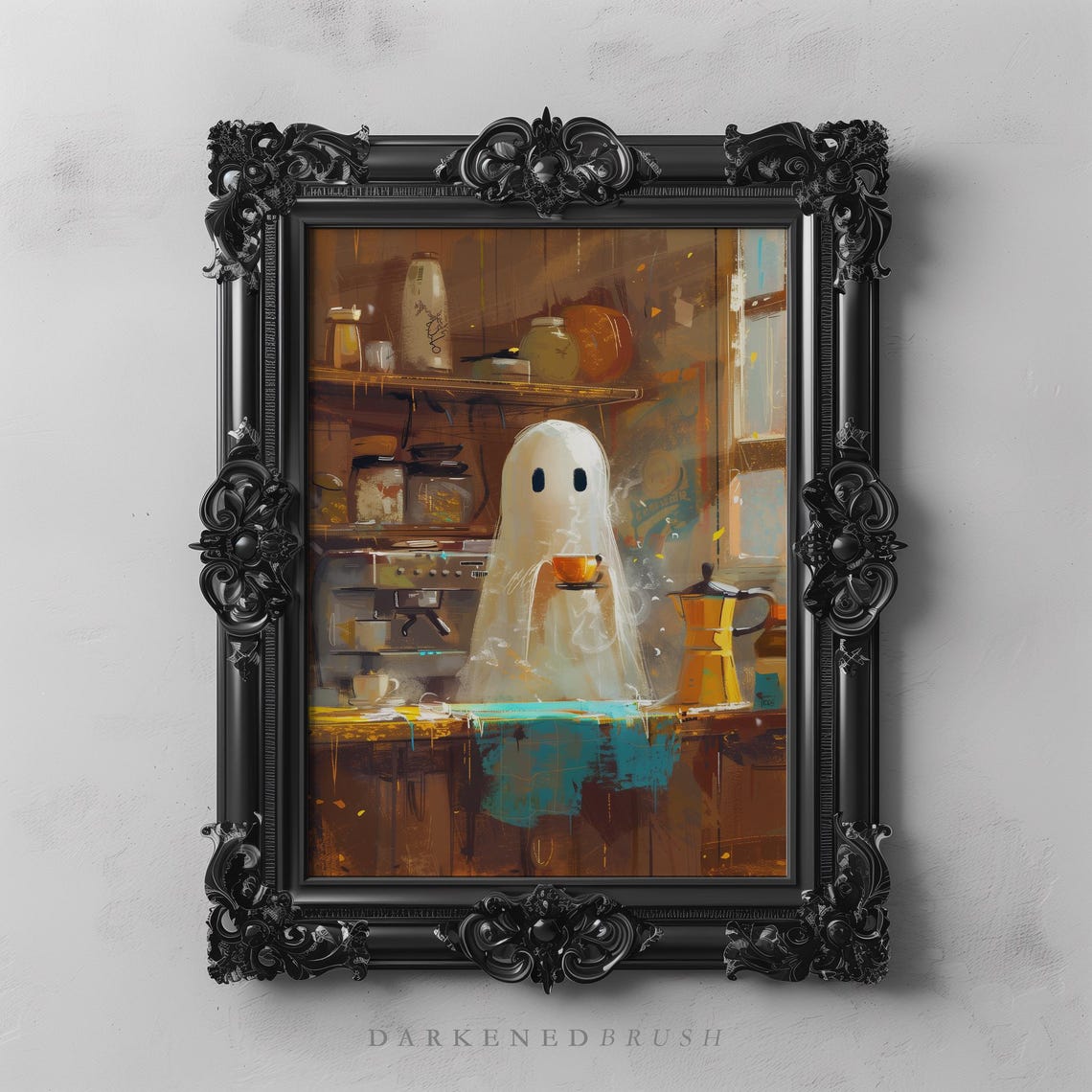 Cute Ghost Barista Coffee Cozy Kitchen Spooky Halloween Art Poster