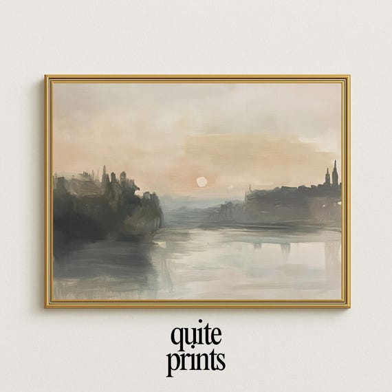 Vintage Landscape River Painting Instant Home Decor Ideas Soft Neutral