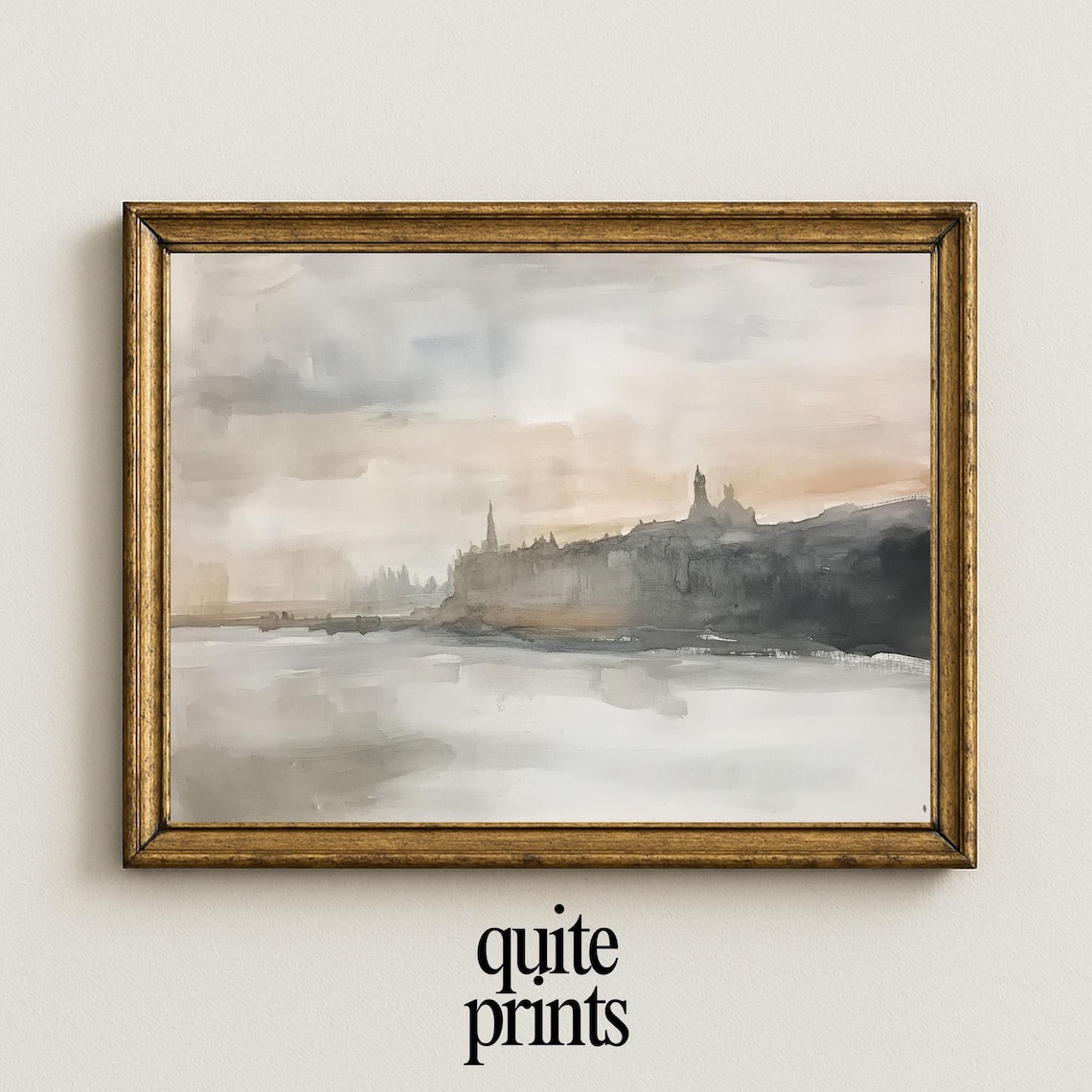 Misty European Skyline Cathedral Spires River Dusk Neutral Watercolor Cityscape Poster