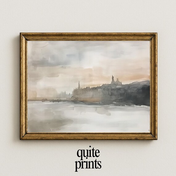 Misty European Skyline Cathedral Spires River Dusk Neutral Watercolor Cityscape Poster