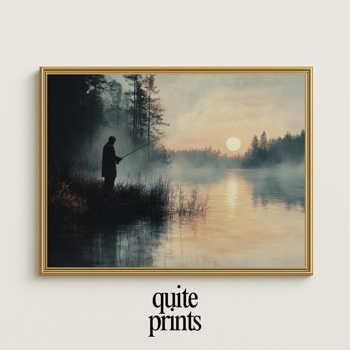 Fisherman Silhouette Dawn Misty Pine Lake Golden Sunrise Nature Poster