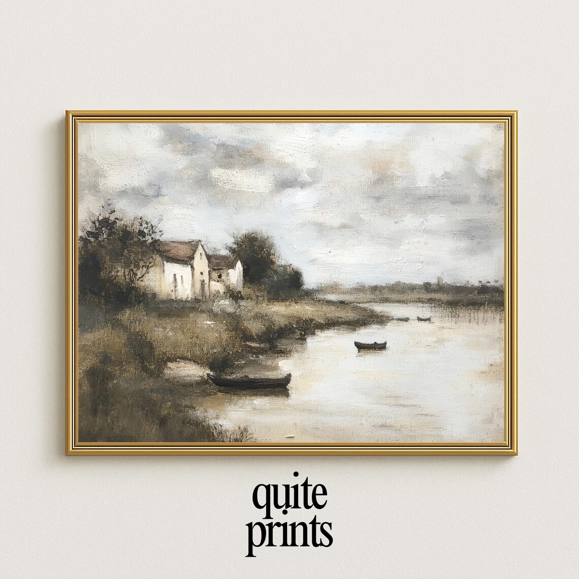 Vintage Riverside Farmhouse Painting Rowboats Calm River Scene Poster