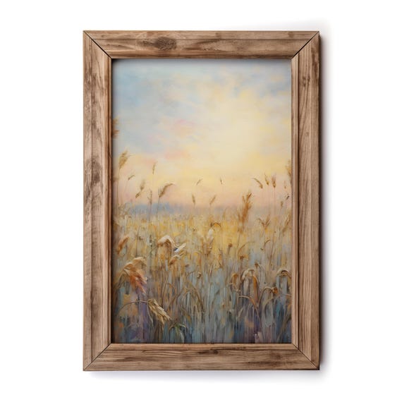 Impressionist Golden Field Landscape Pastel Sunset Farmhouse Wall Art Rustic Countryside Scene