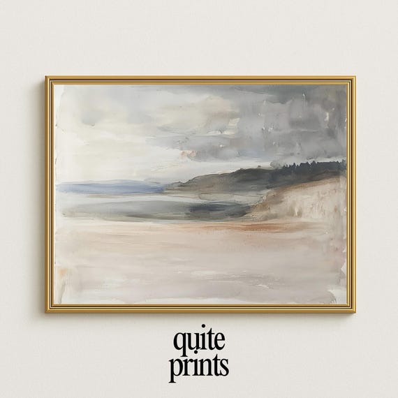 Wall Decor Gift Minimalist Coastal Neutral Landscape Painting Rustic Ocean View Print Moody Retro Art