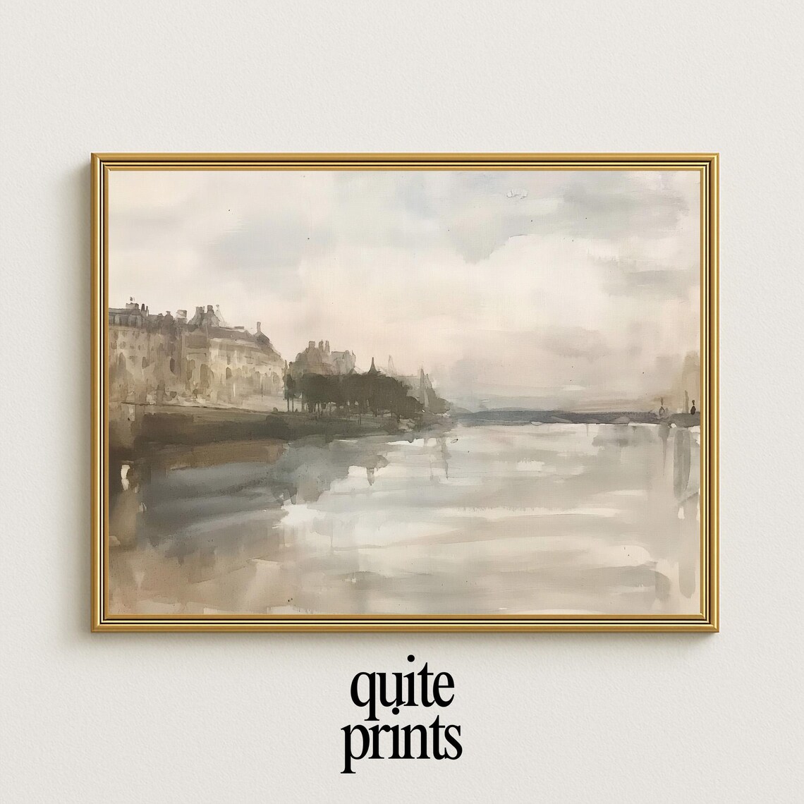 European Riverside Watercolor Historic Buildings Wide River Haze Poster